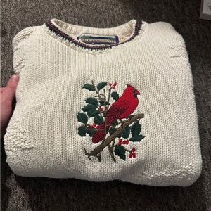 Festive Cream and Red Crew Neck Sweater with Cardinal Embroidery